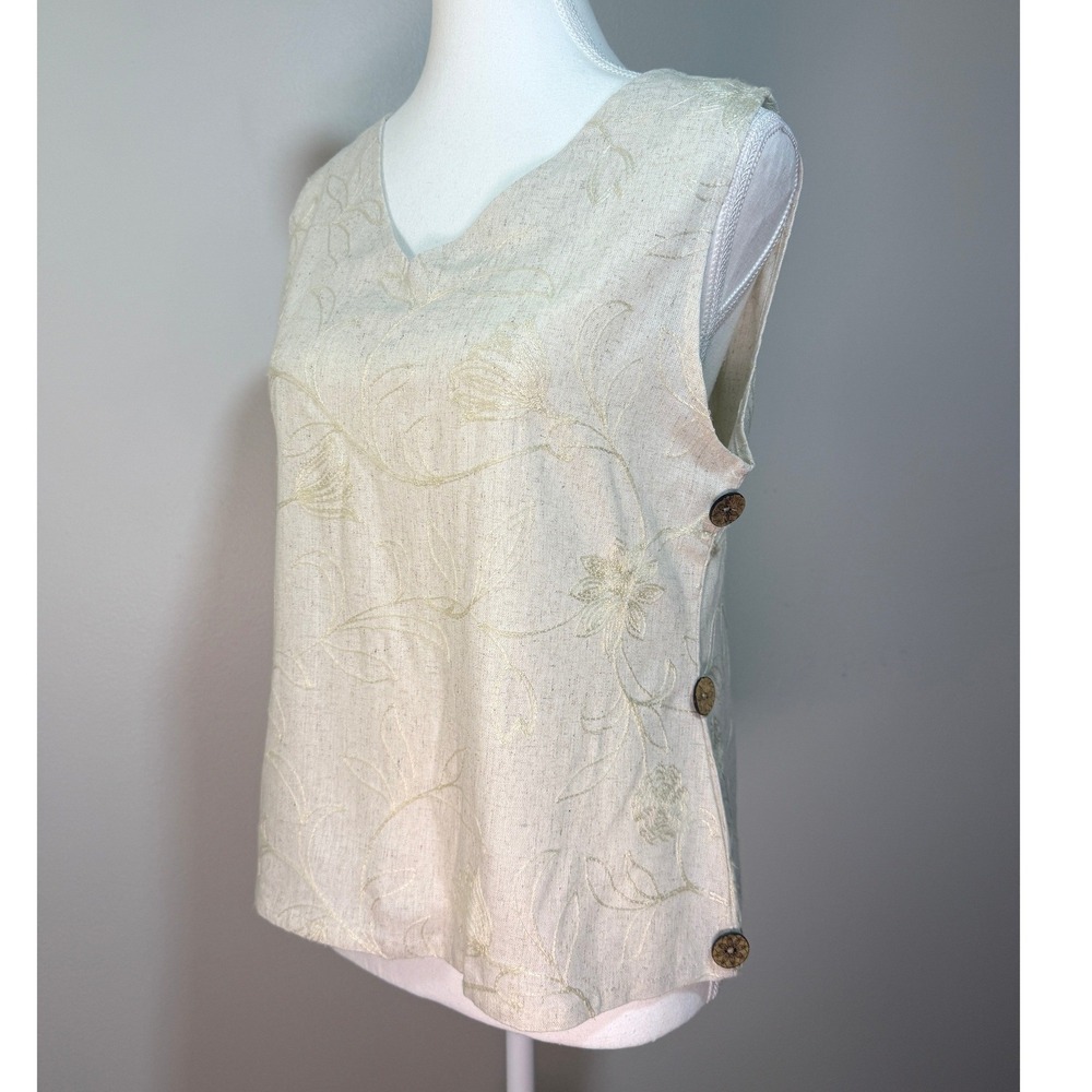 Pure Line Linen Embroidered V-Neck Top Women M Beige Side Button Shabby Chic
